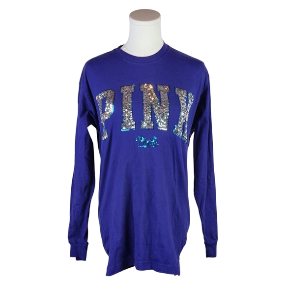 VS PINK Sequin Logo Long Sleeve Tee Shirt Royal Blue Size XS Cotton Top - Picture 1 of 6